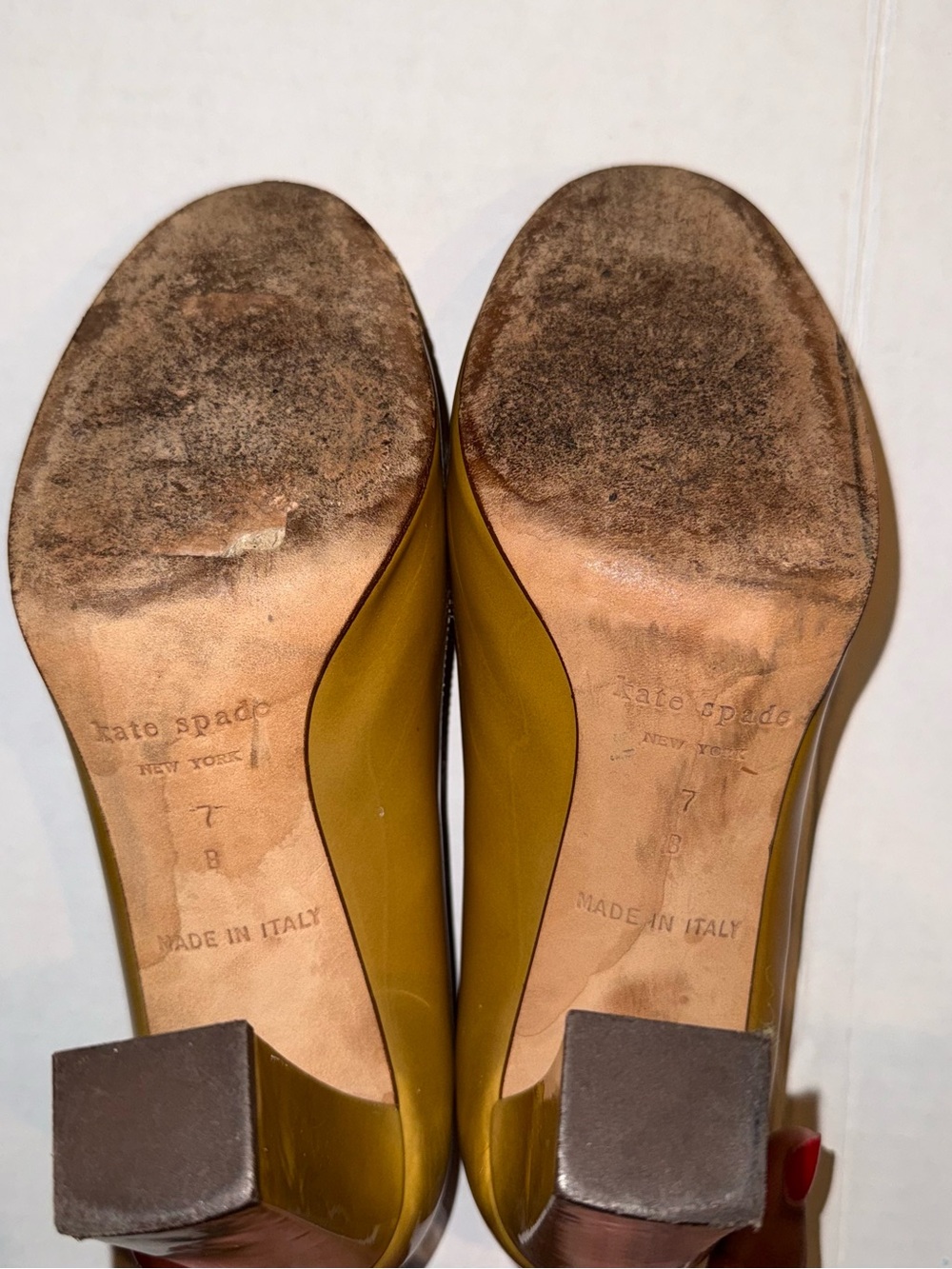 kate spade Mustard Yellow Block Heel Pumps with Red Insole - Picture 4 of 4